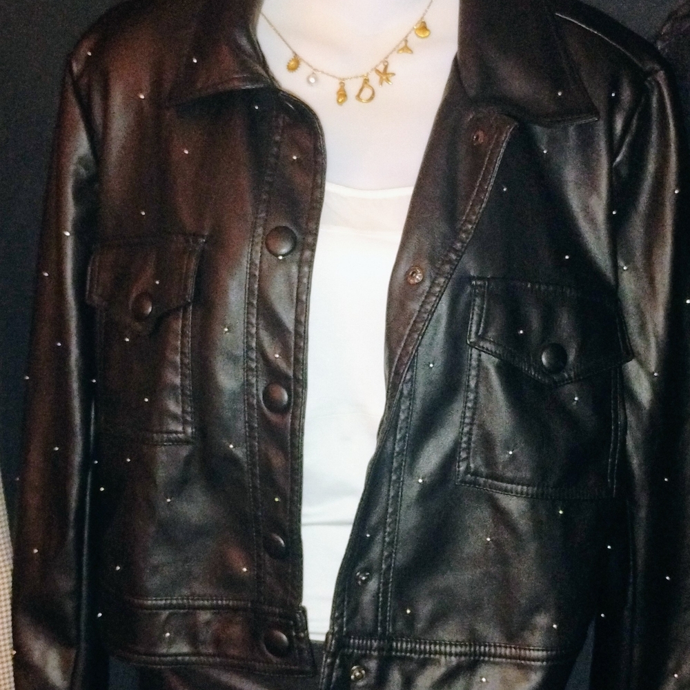 House of Harlow 1960 Dark Leather Jacket with Stud Accents